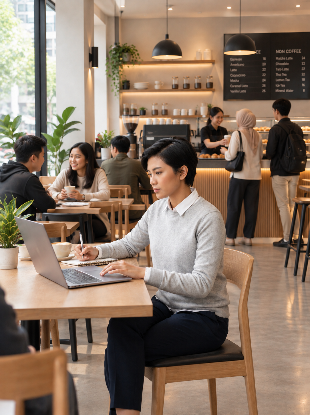 Freelancer Indonesia bekerja dengan laptop di co-working space