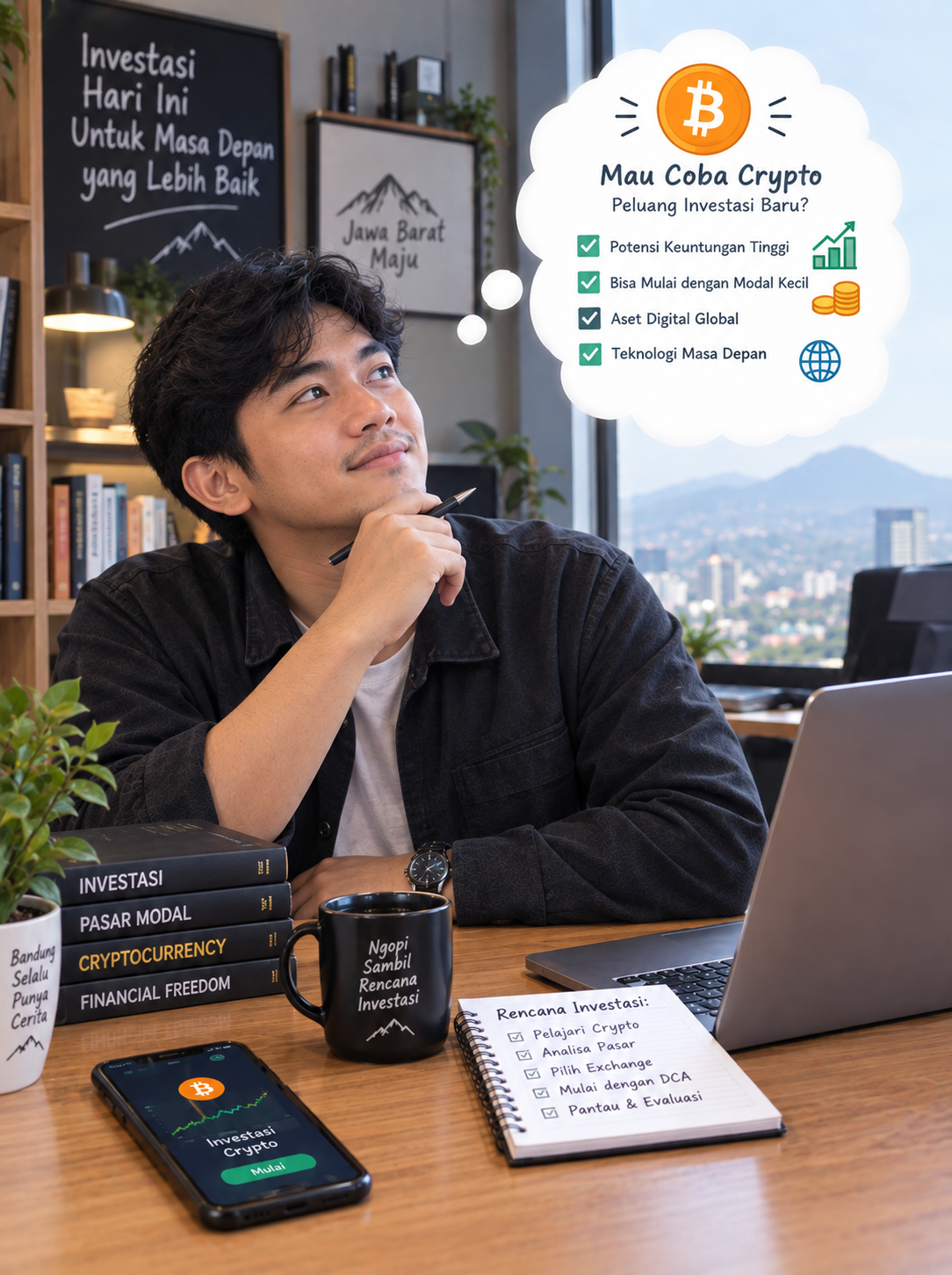 Investor Indonesia mempelajari grafik aset baru di laptop