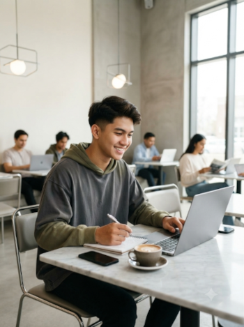 Mahasiswa Indonesia sedang belajar di cafe dengan laptop